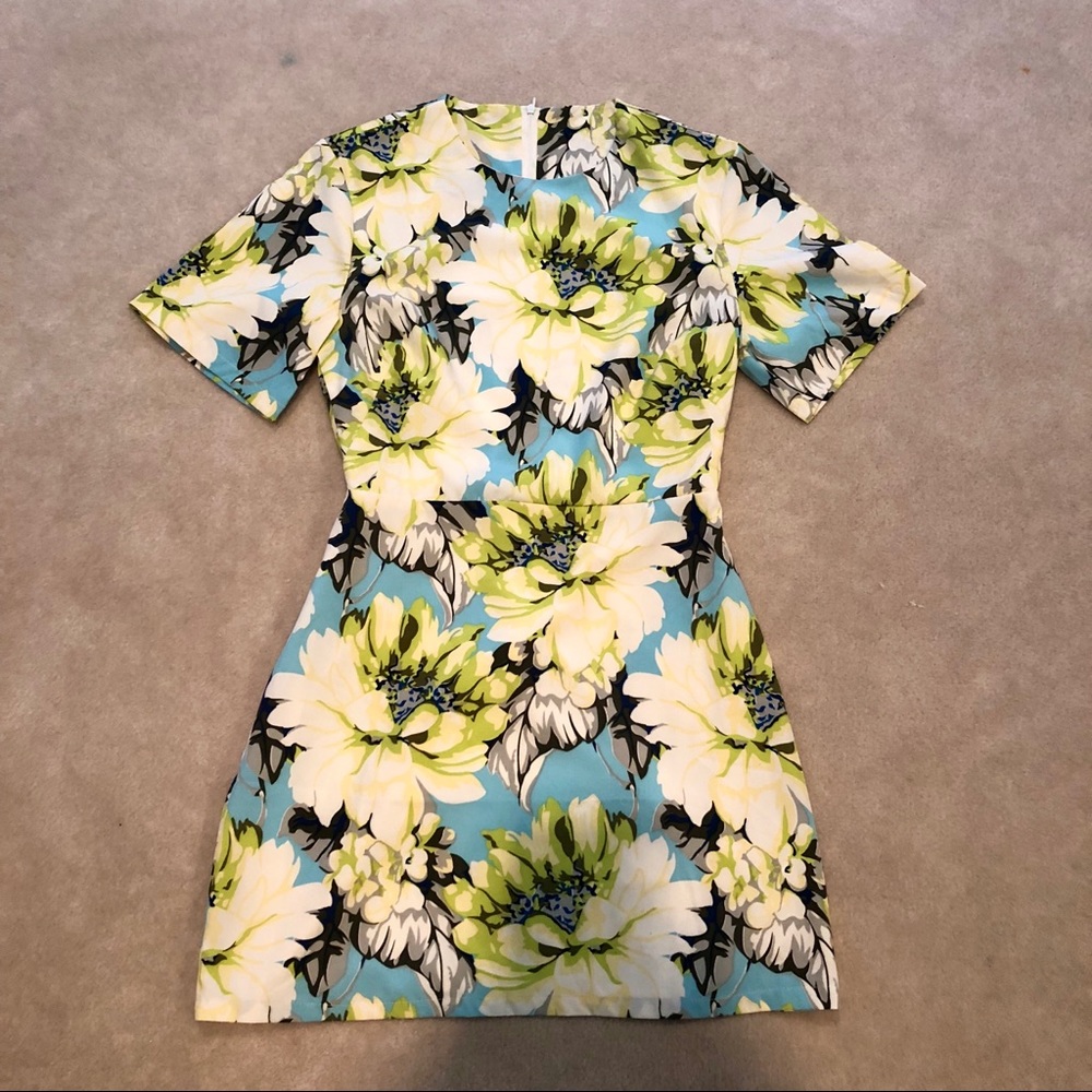 Blue and green floral print mini dress
